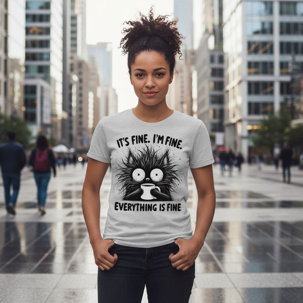 Person wearing a t-shirt with a graphic and text in an urban setting