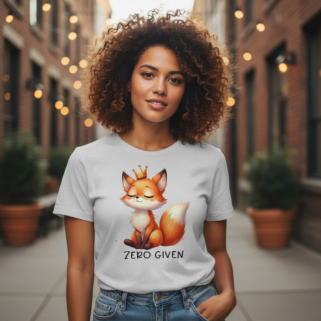 Woman wearing a t-shirt with a fox graphic and text, standing in an outdoor setting with lights and plants.