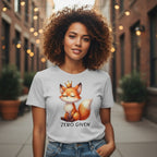 Woman wearing a t-shirt with a fox graphic and text, standing in an outdoor setting with lights and plants.