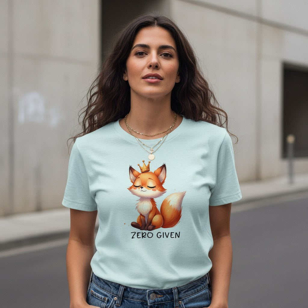 Woman wearing a light blue t-shirt with a fox graphic and 'ZERO GIVEN' text on a street.