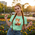 Woman wearing a light green t-shirt with a fox graphic and 'ZERO GIVEN' text, standing in a park.