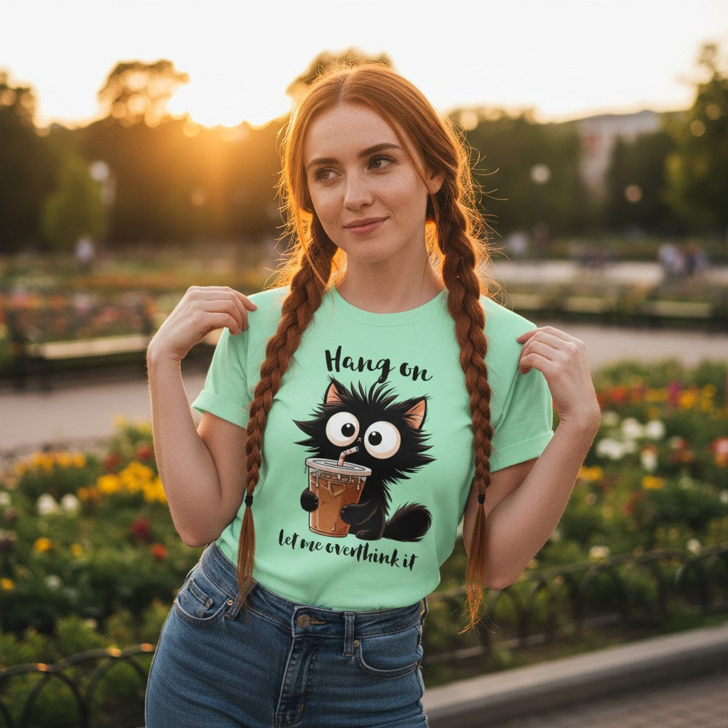 Woman wearing a light green t-shirt with a black cat graphic and text, standing in a park.