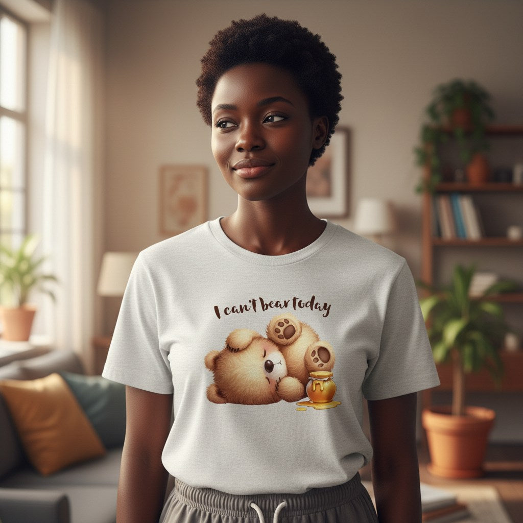 Person wearing a white t-shirt with a bear graphic and text in a living room.
