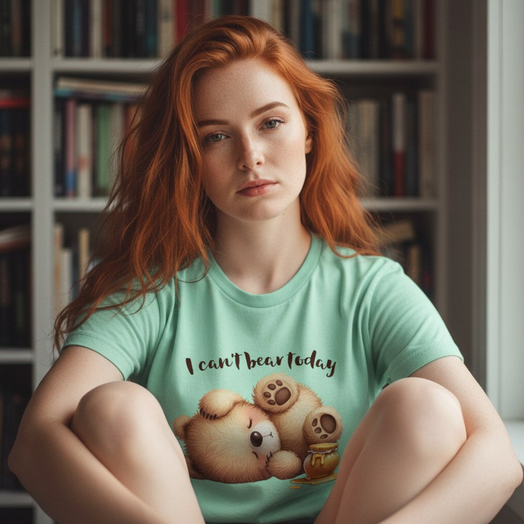 Person wearing a green t-shirt with a teddy bear graphic and text in a room with bookshelves.