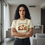 Woman wearing a t-shirt with a bear and honey design in a modern living room.