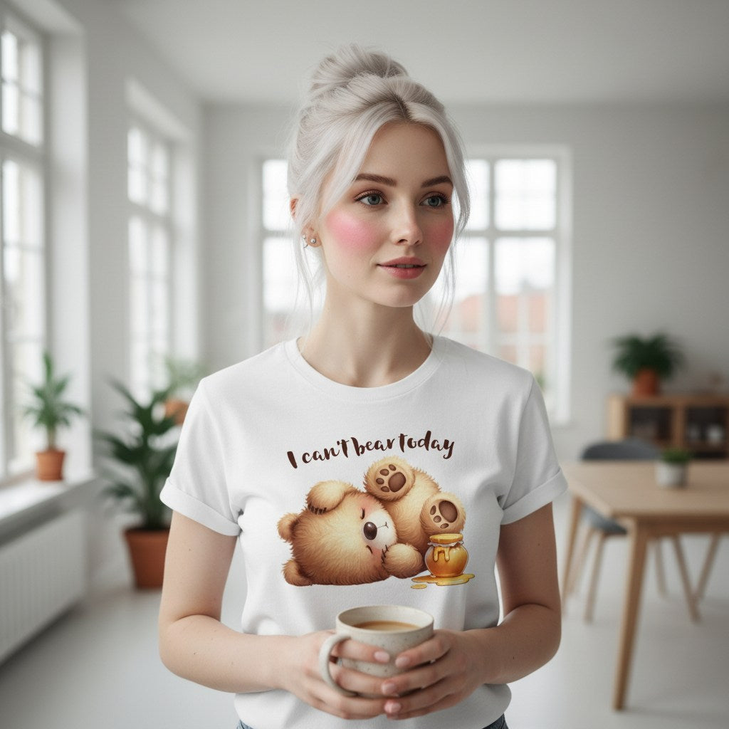 Woman wearing a white t-shirt with a bear graphic and text, holding a cup in a bright room.