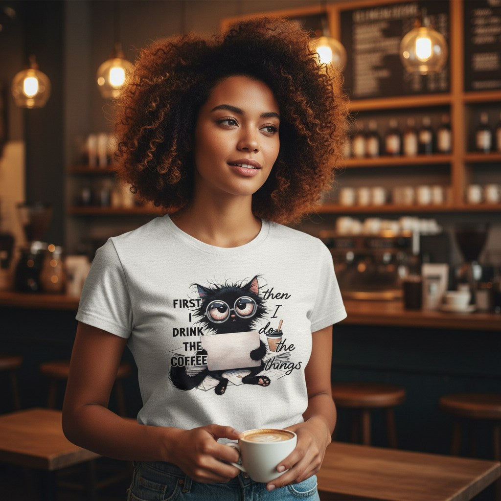 Woman holding a coffee cup in a café wearing a t-shirt with a cat graphic and text.