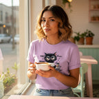 Woman wearing a purple t-shirt with a cat graphic and text, holding a coffee cup in a cafe.