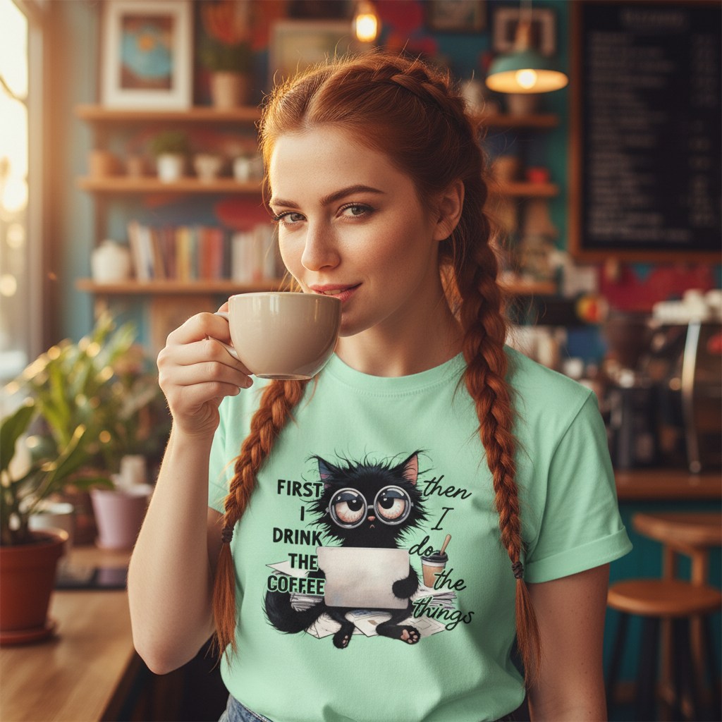 Woman in a cafe wearing a green t-shirt with a cat graphic and text, holding a coffee cup.