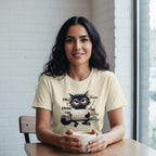 Woman wearing a t-shirt with a cat graphic and text, holding a coffee cup indoors.