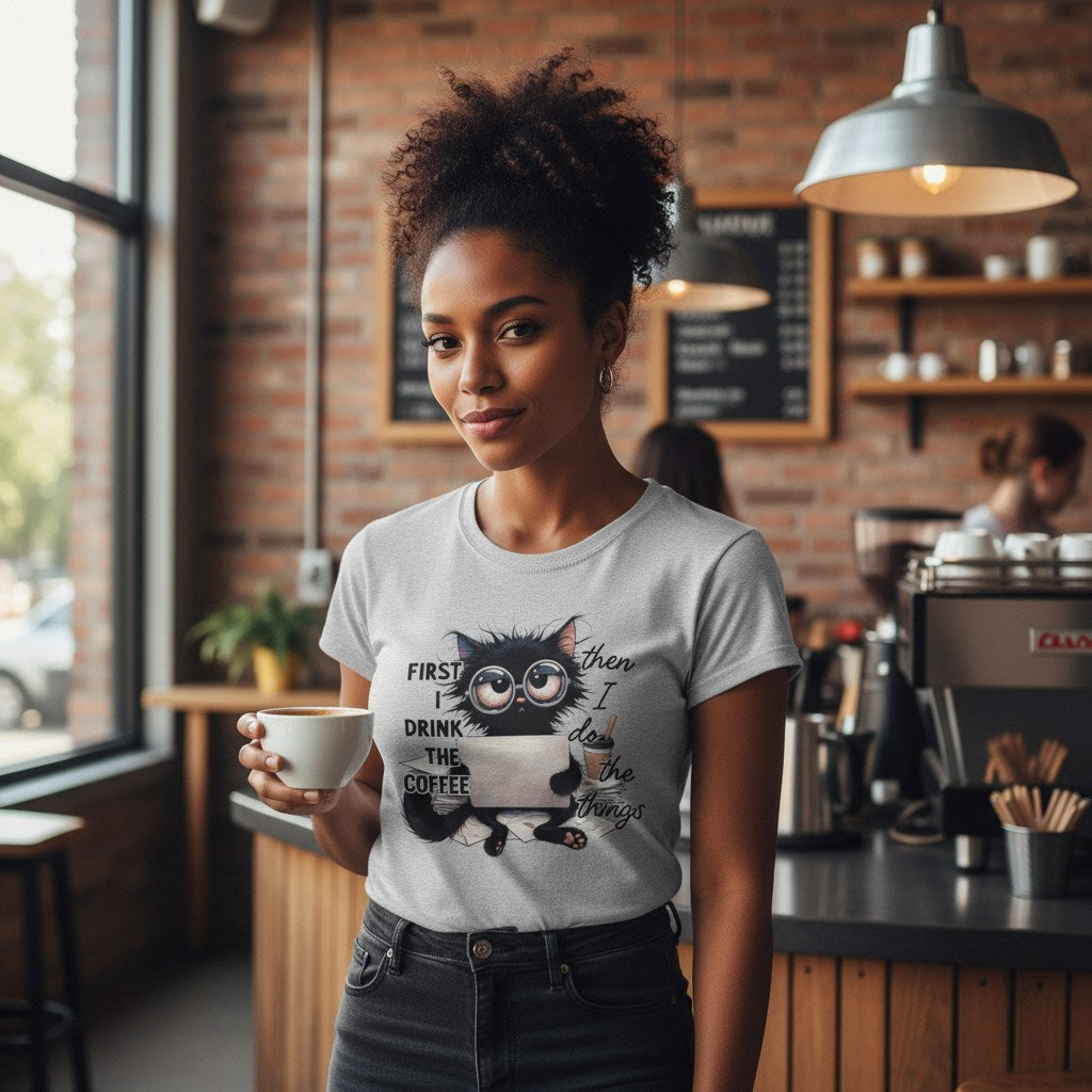 Woman in a coffee shop wearing a t-shirt with a cat graphic and text.