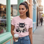 Woman wearing a pink t-shirt with a cat graphic and text, holding a coffee cup on a city street.