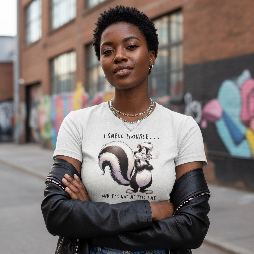 Person wearing a t-shirt with a cartoon skunk design and text, standing in an urban setting.