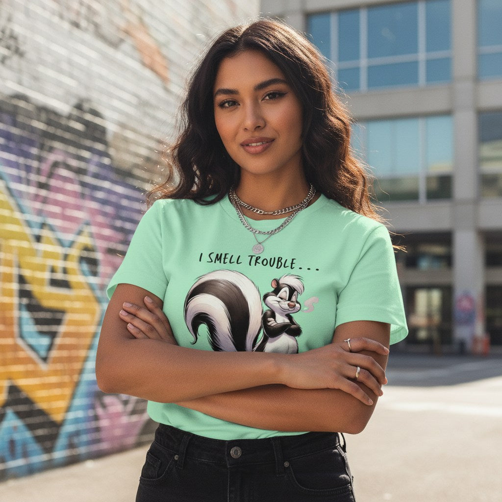 Woman wearing a light green t-shirt with a skunk graphic and text, standing in an urban setting.