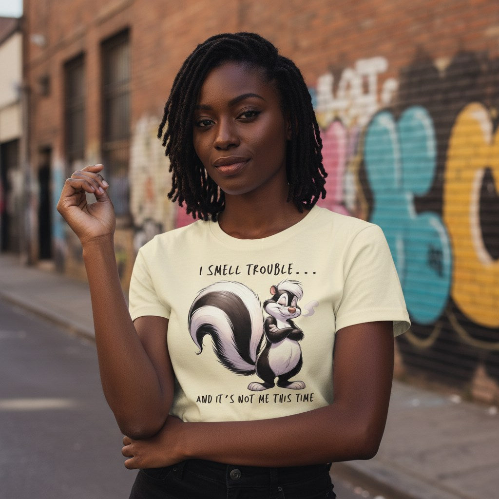 Person wearing a t-shirt with a skunk graphic and text, standing in an urban setting with graffiti.