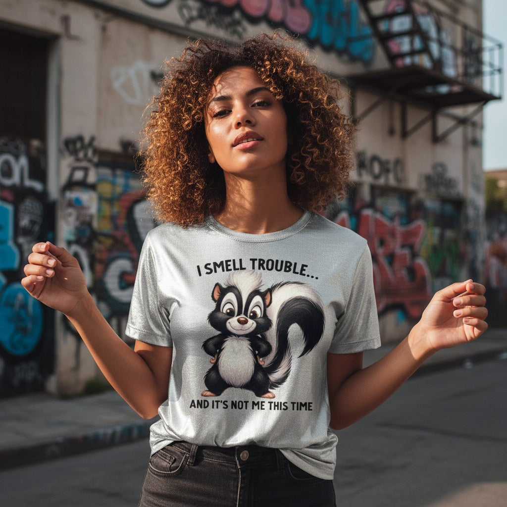 Woman wearing a t-shirt with a skunk graphic and text in an urban setting with graffiti.