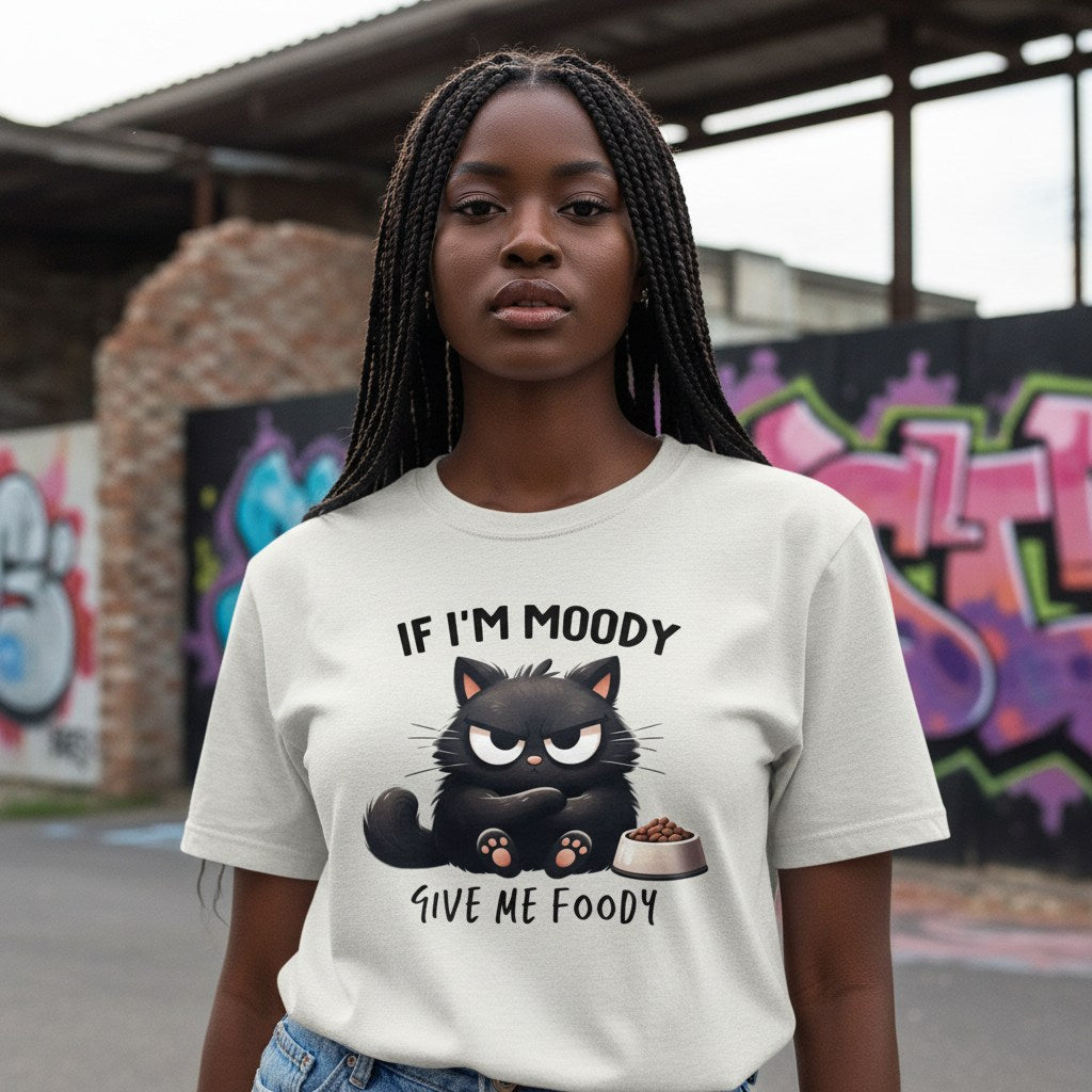 Person wearing a white t-shirt with a cat graphic and text in an urban setting