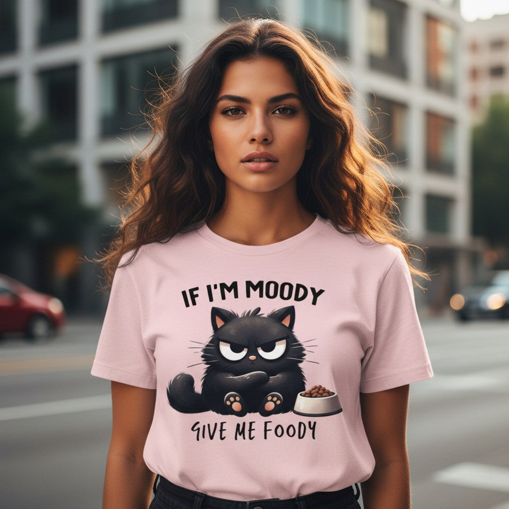 Woman wearing a pink t-shirt with a cat graphic and text on a city street.