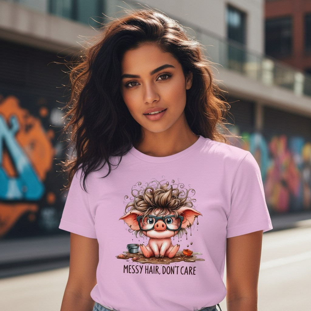 Woman wearing a pink t-shirt with a cartoon pig design and text, standing in an urban setting.