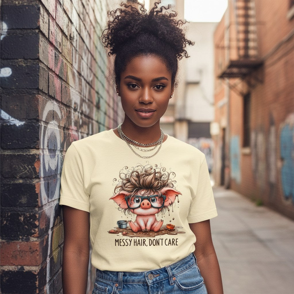 Woman wearing a t-shirt with a cartoon pig design and text in an urban alley.