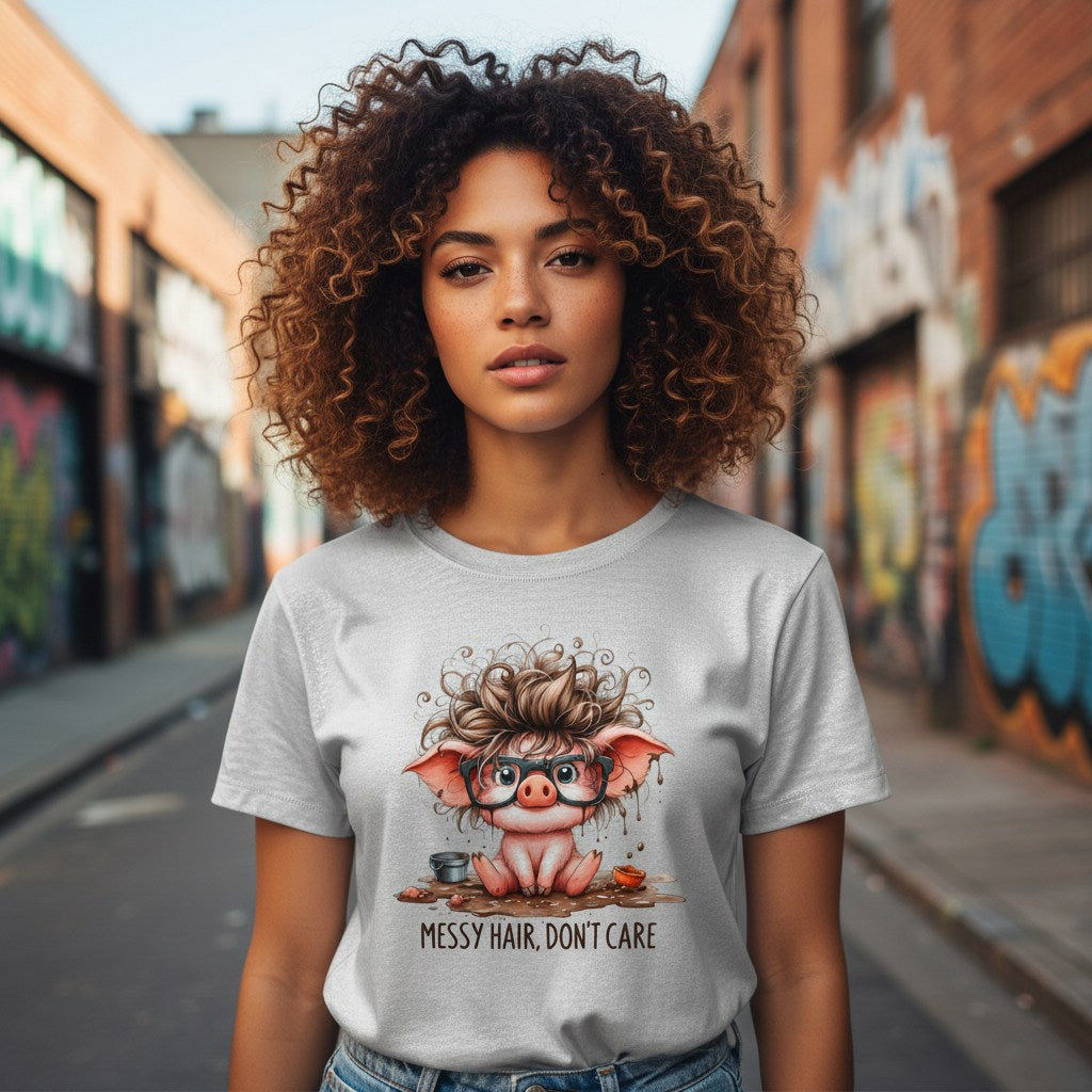 Woman wearing a t-shirt with a cartoon pig design and text in an urban setting