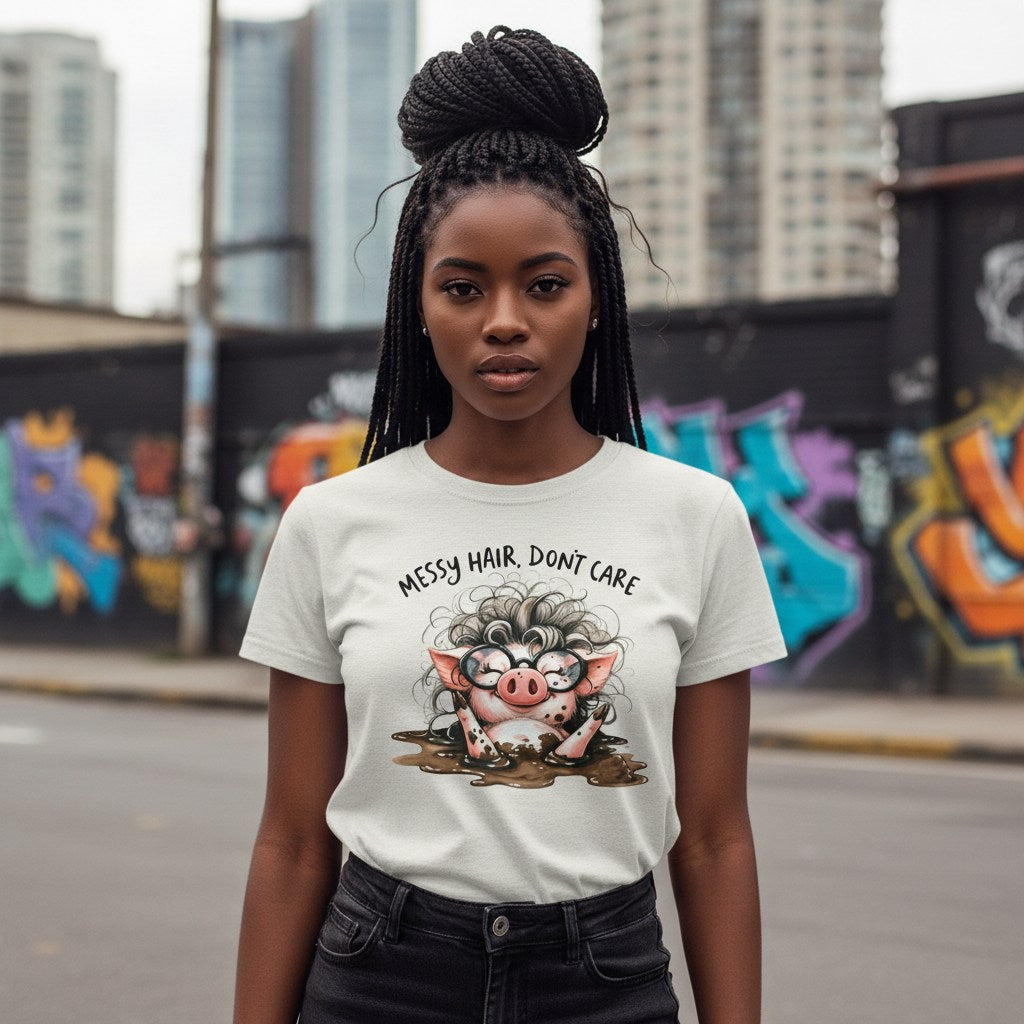 Person wearing a t-shirt with a cartoon pig and text 'Messy hair, don't care' in an urban setting.