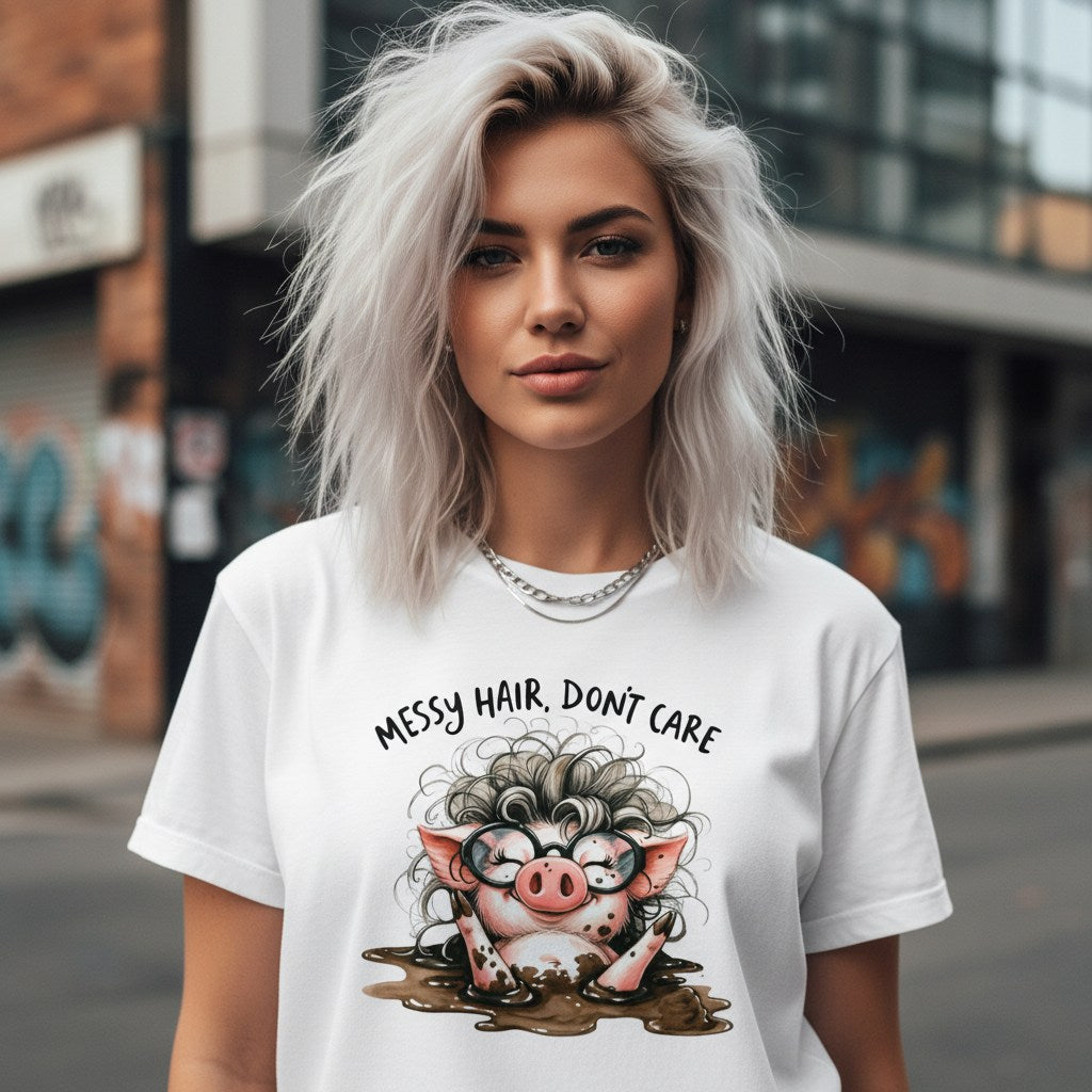 Woman wearing a white t-shirt with a cartoon pig design and text in an urban setting