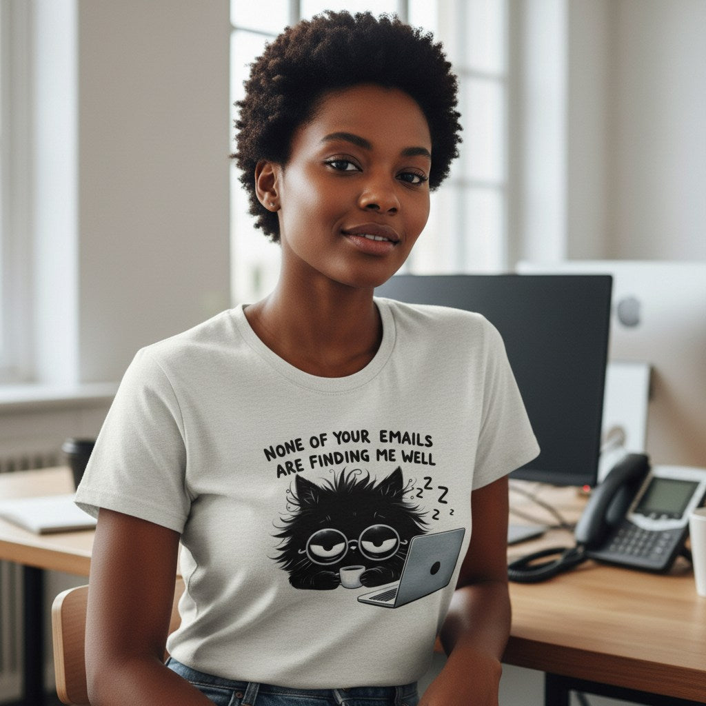 Person wearing a white t-shirt with a graphic and text in an office setting