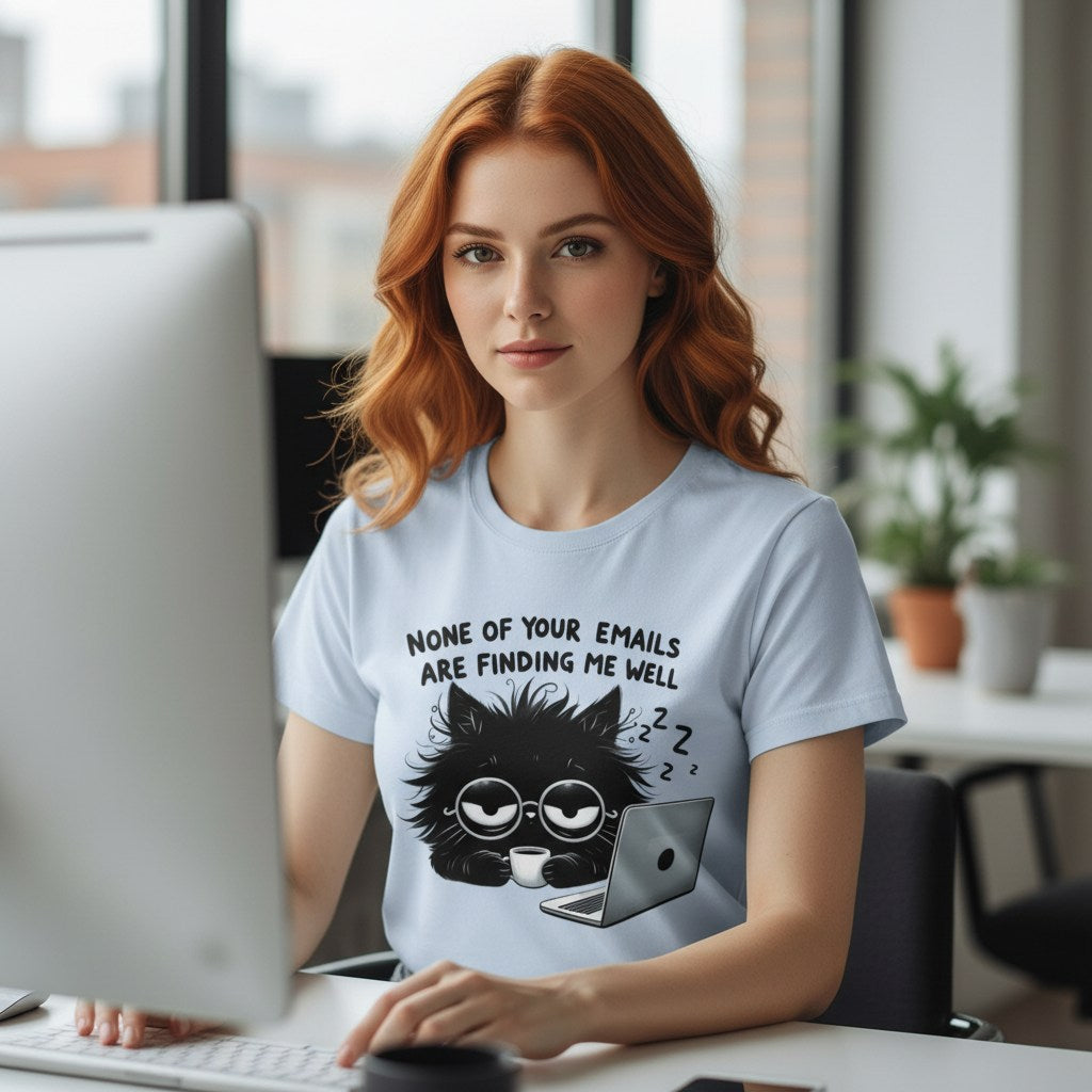Woman sitting at a desk with a computer, wearing a t-shirt with a black cat graphic and text.