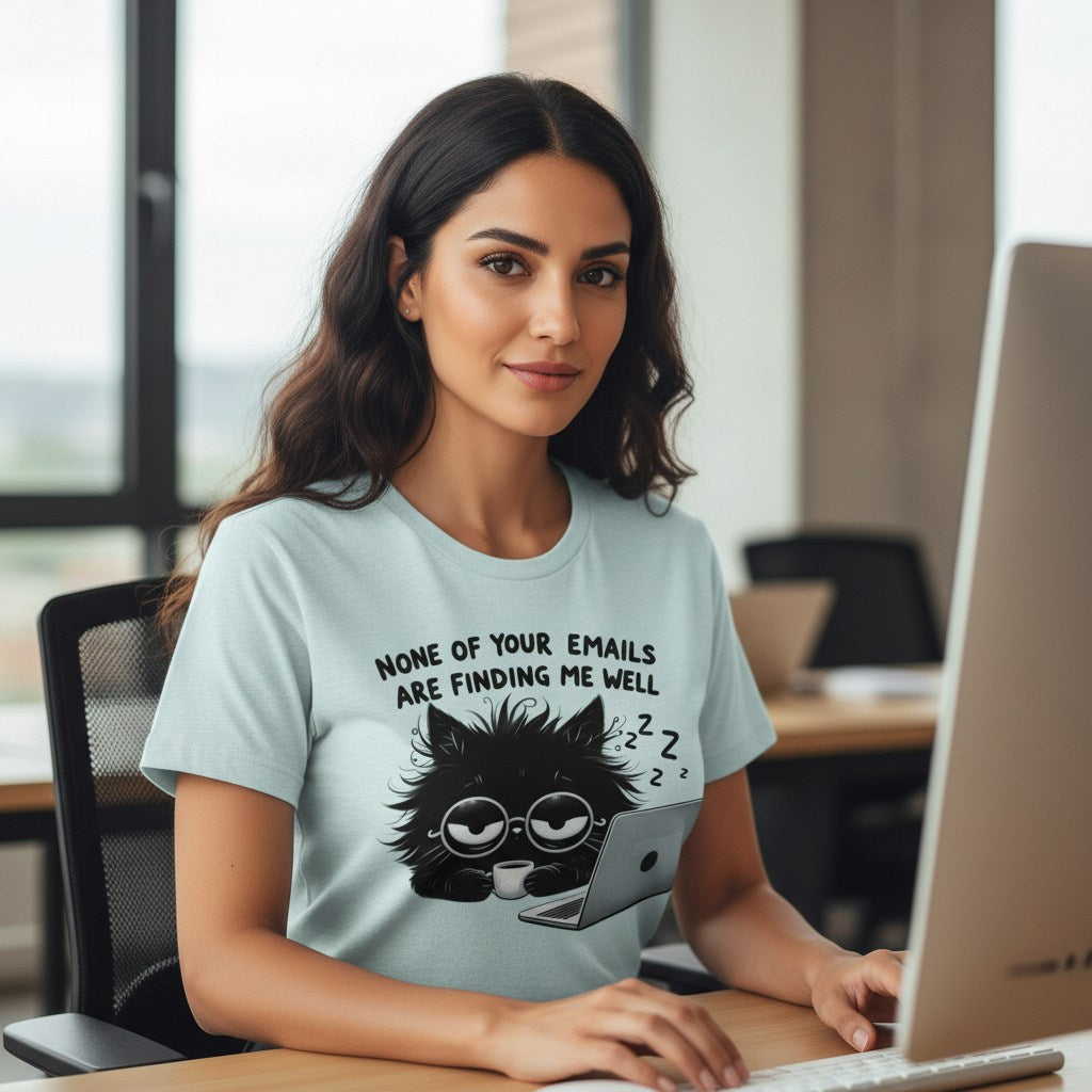 Woman wearing a t-shirt with a cat graphic and text, sitting at a desk.