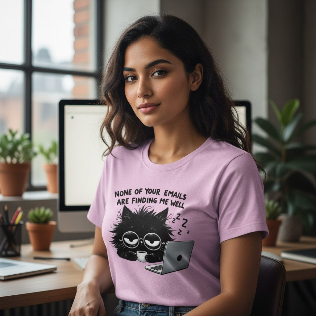 Woman wearing a pink t-shirt with a cat graphic and text in an office setting
