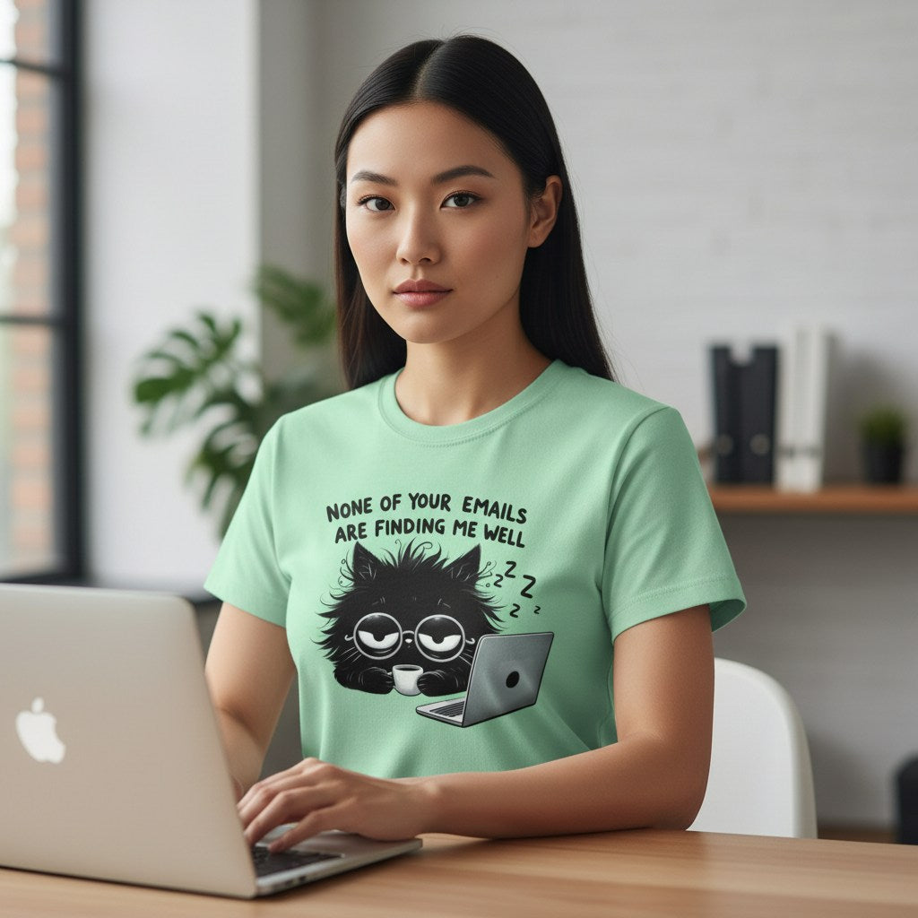 Woman wearing a light green t-shirt with a black cat graphic and text, using a laptop.