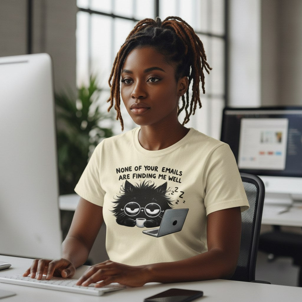 Person wearing a t-shirt with a cat graphic and text, sitting at a desk in an office setting.