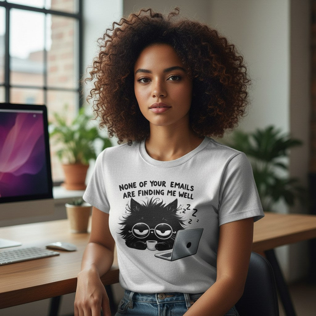 Person wearing a t-shirt with a cat graphic and text in an office setting