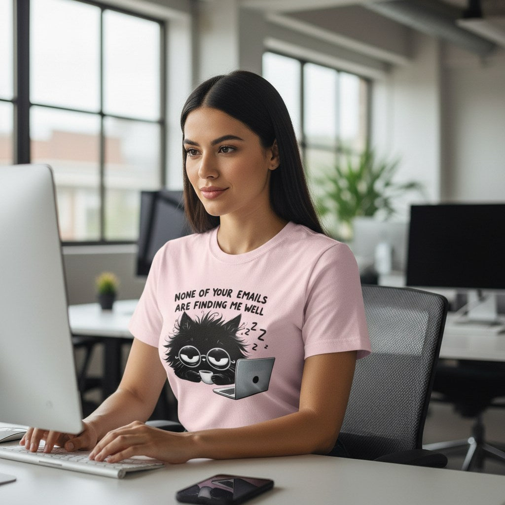 Woman wearing a pink t-shirt with a cat graphic and text in an office setting