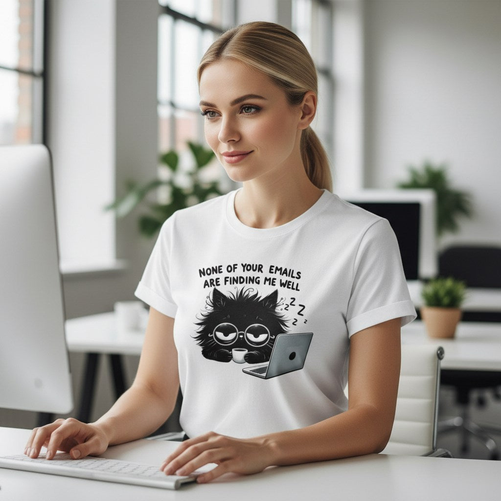 Woman wearing a white t-shirt with a graphic and text, sitting at a desk in an office setting.