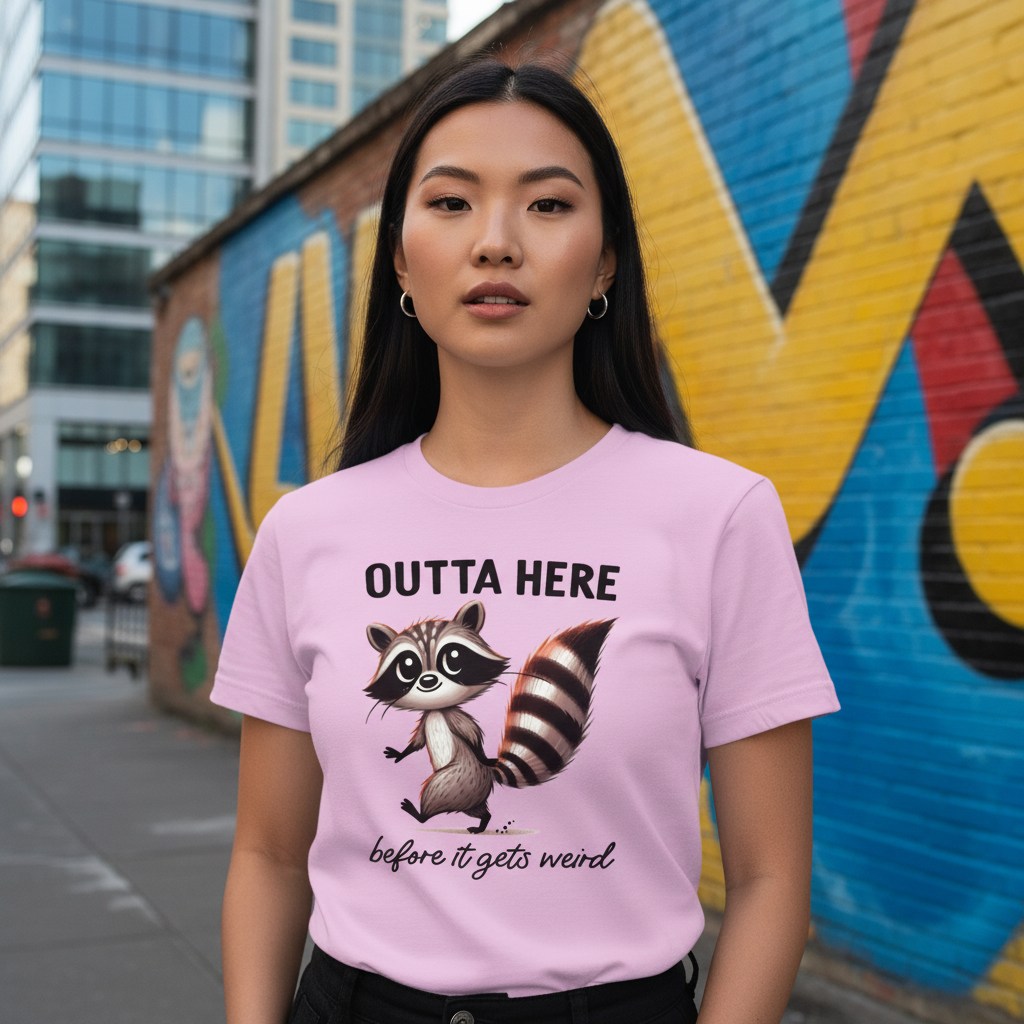 Person wearing a pink t-shirt with a raccoon graphic and text, standing in front of a colorful mural.
