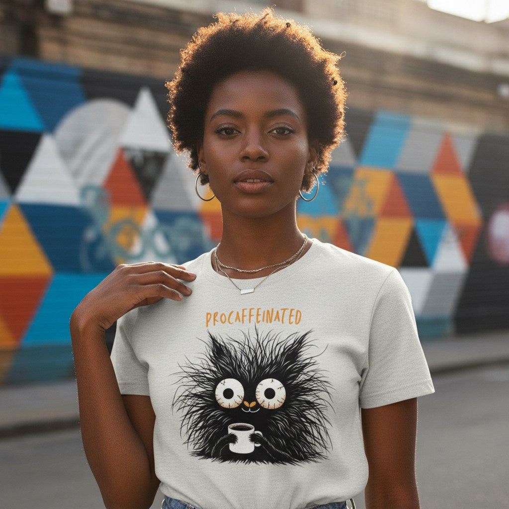 Person wearing a t-shirt with a cartoon character and text, standing in front of colorful graffiti.
