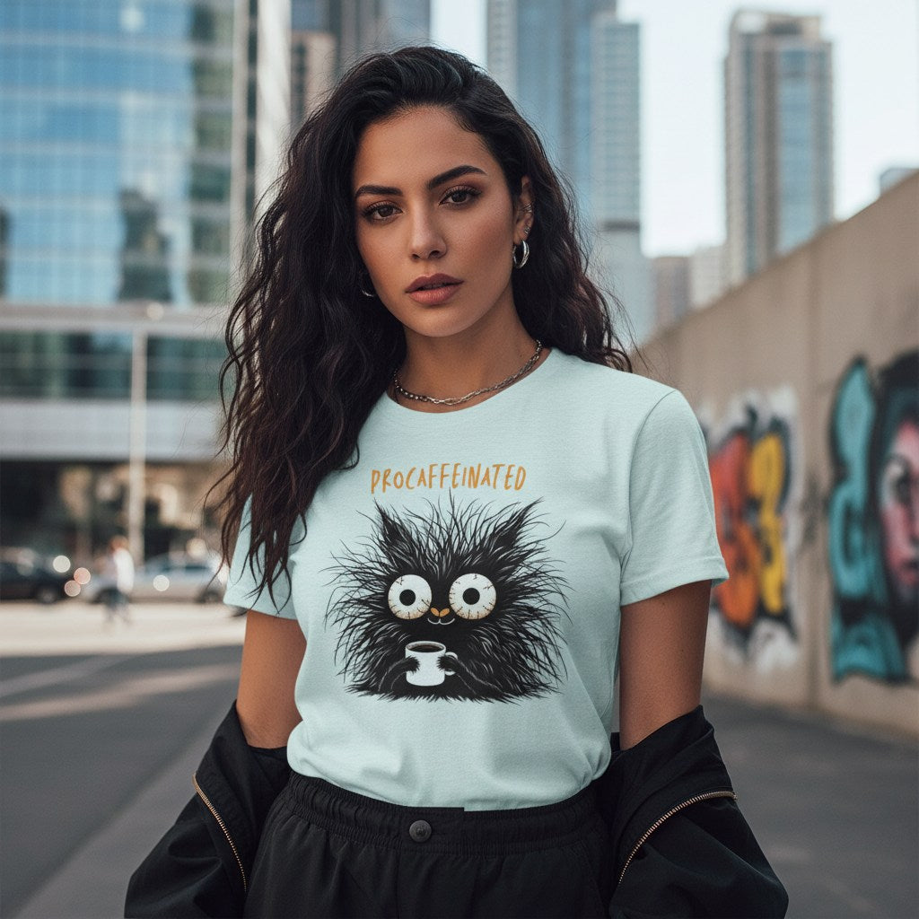 Woman wearing a light blue t-shirt with a black creature graphic and 'Decaffeinated' text, standing in an urban setting.