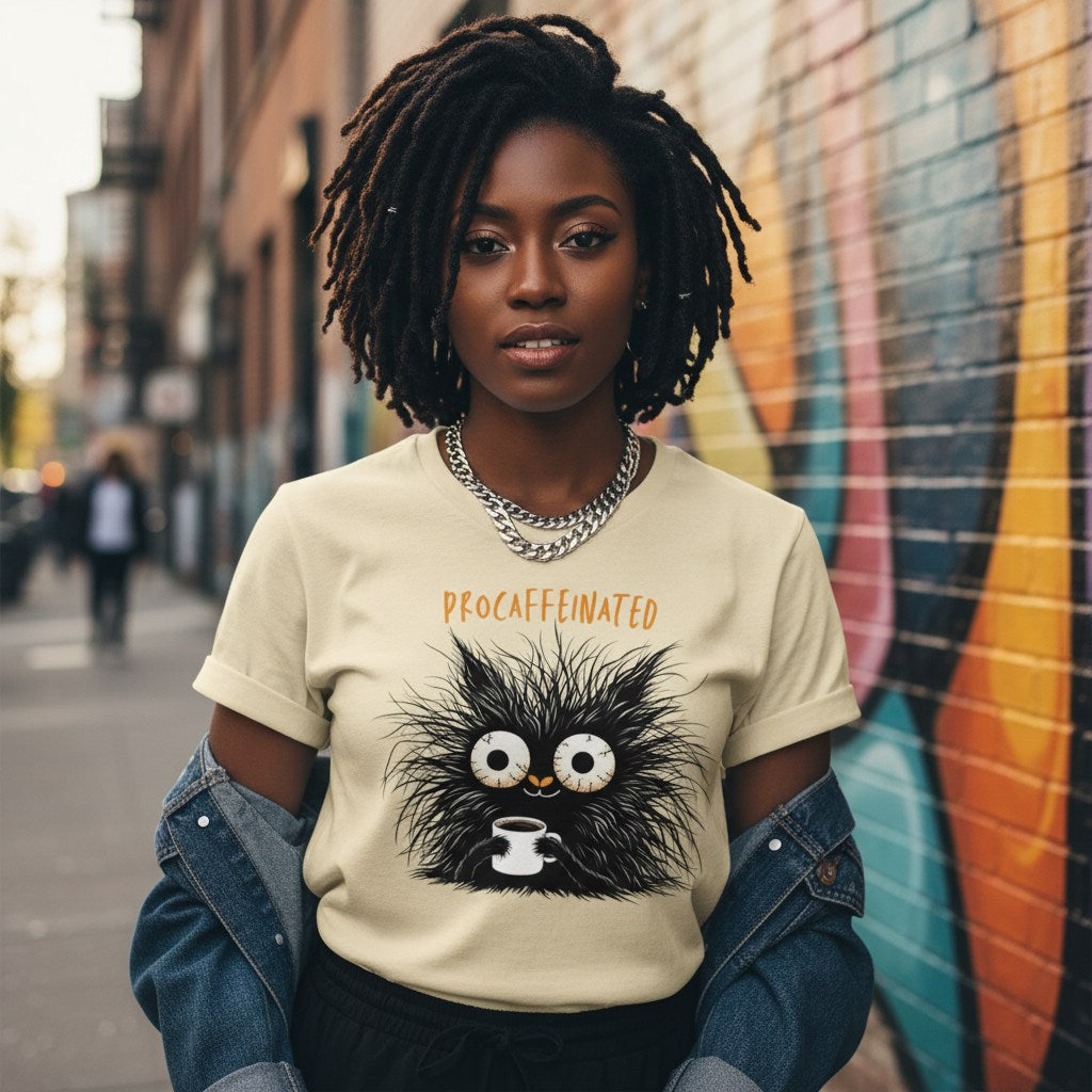 Person wearing a t-shirt with a cartoon character and text in an urban setting