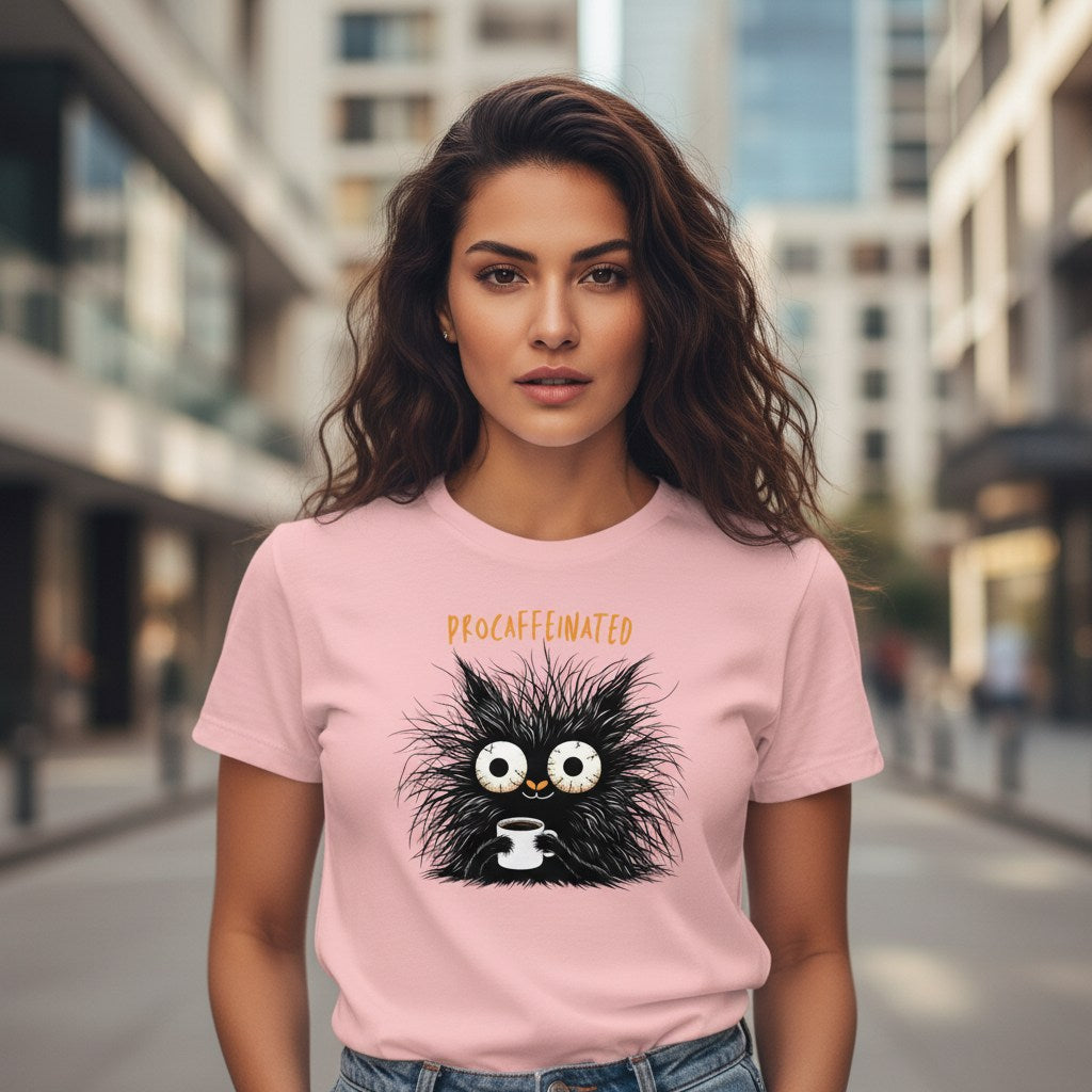 Woman wearing a pink t-shirt with a black cat graphic and text in an urban setting