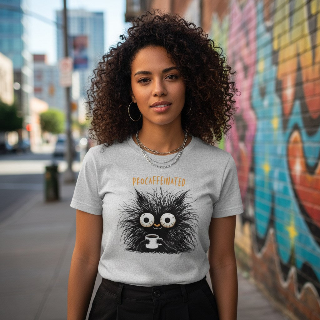 Person wearing a t-shirt with a cartoon character and text, standing in an urban setting with graffiti.
