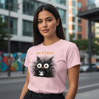 Woman wearing a pink t-shirt with a cartoon character and text in an urban setting
