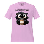 Pink t-shirt with a cat holding a drink graphic on a wooden surface, featuring the brand 'StayClothed'.