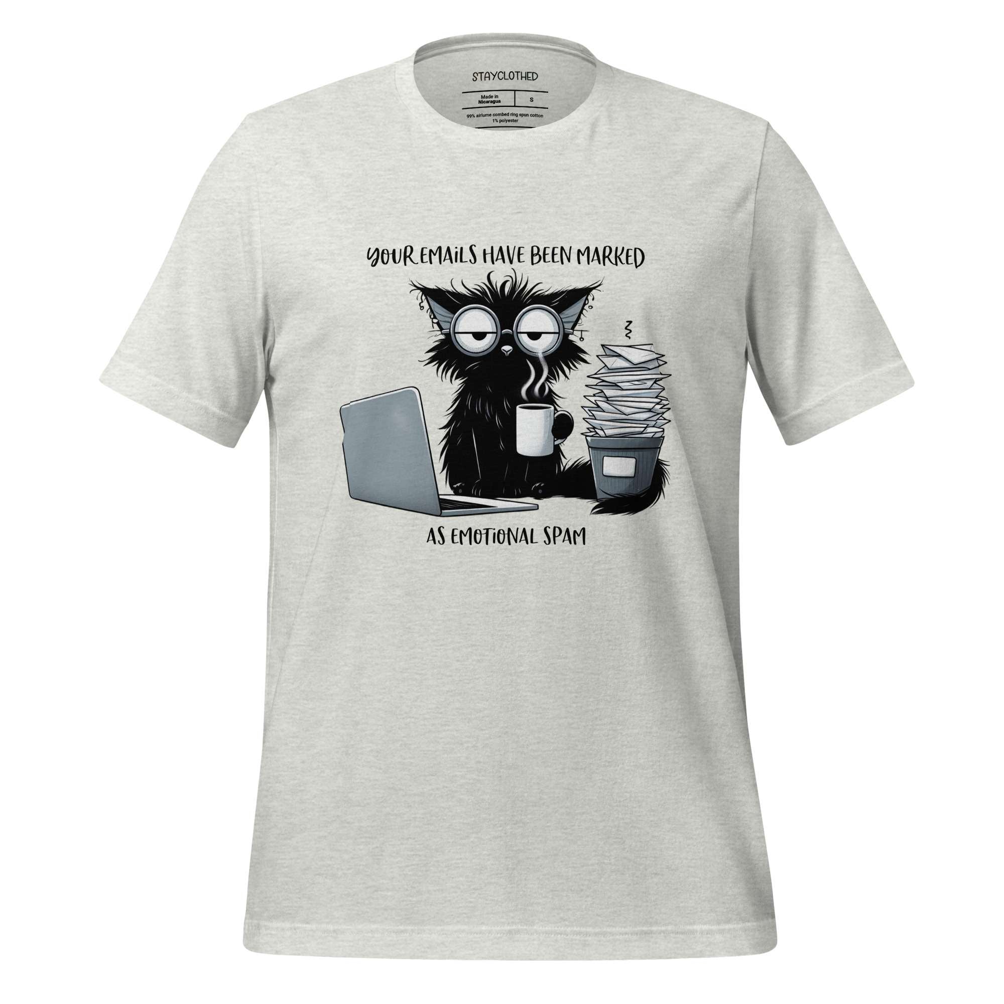 White t-shirt with a graphic of a cat and text on a wooden surface, featuring the brand 'StayClothed'.
