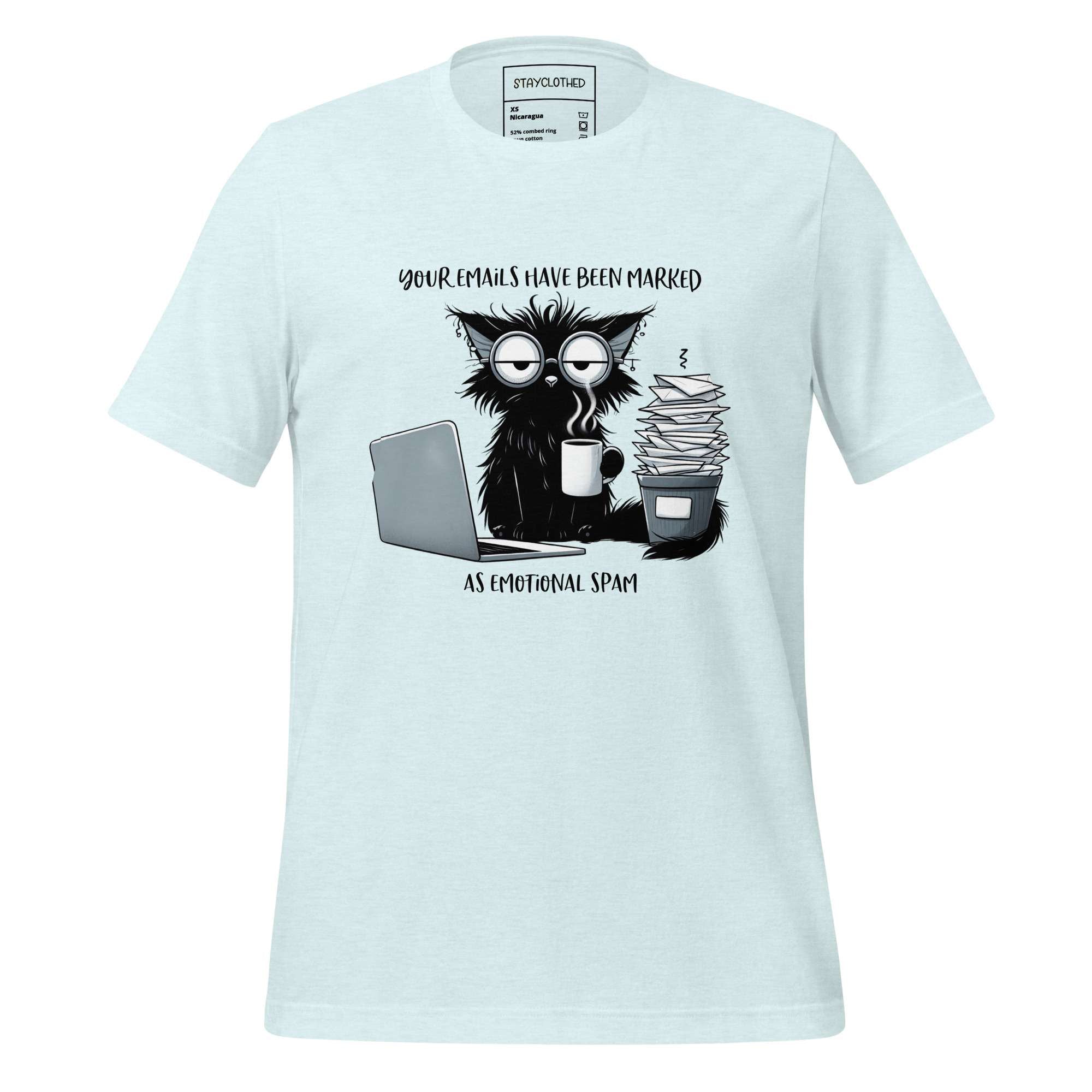 White t-shirt with a graphic of a cat and coffee cup on a wooden surface, featuring the brand 'StayClothed'.