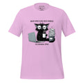Pink t-shirt with a graphic of a cat and coffee cup on a wooden surface, featuring the brand 'StayClothed'.