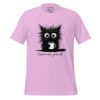 Pink t-shirt with a black cat graphic and 'StayClothed' branding on a wooden surface.