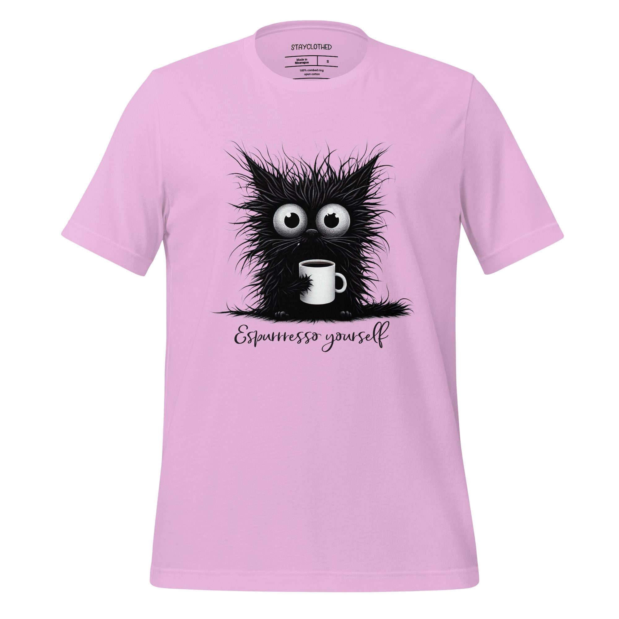 Pink t-shirt with a black cat graphic and 'StayClothed' branding on a wooden surface.