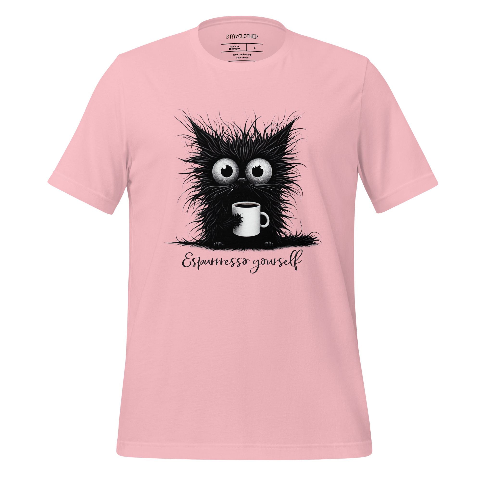 Pink t-shirt with a black cat graphic and 'StayClothed' branding on a wooden surface.